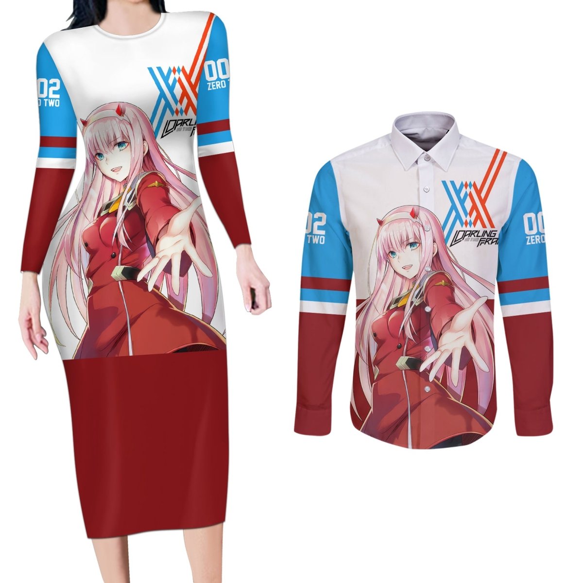 002 Zero Two Strelitzia Couples Matching Long Sleeve Bodycon Dress and Long Sleeve Button Shirt Anime Style TS04 - The Mazicc - S - S - Multicolor