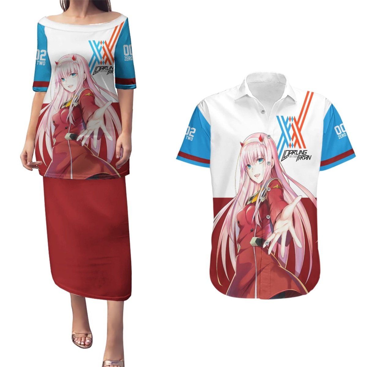 002 Zero Two Strelitzia Couples Matching Puletasi and Hawaiian Shirt Anime Style TS04 - The Mazicc - S - S - Multicolor