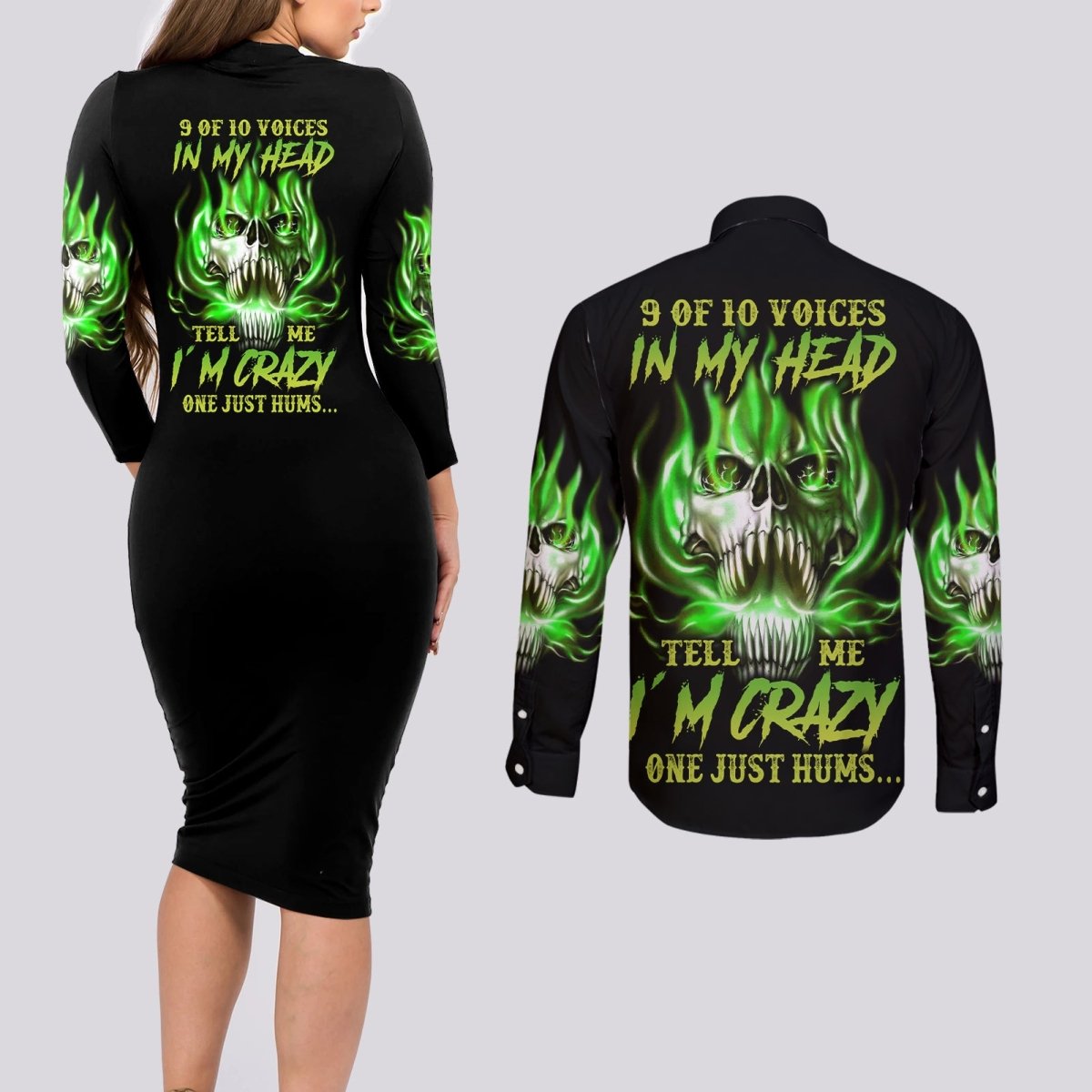 9 Of 10 Voices In My Head Fire Skull Couples Matching Long Sleeve Bodycon Dress and Long Sleeve Button Shirt TS04 - The Mazicc - S - S - Multicolor