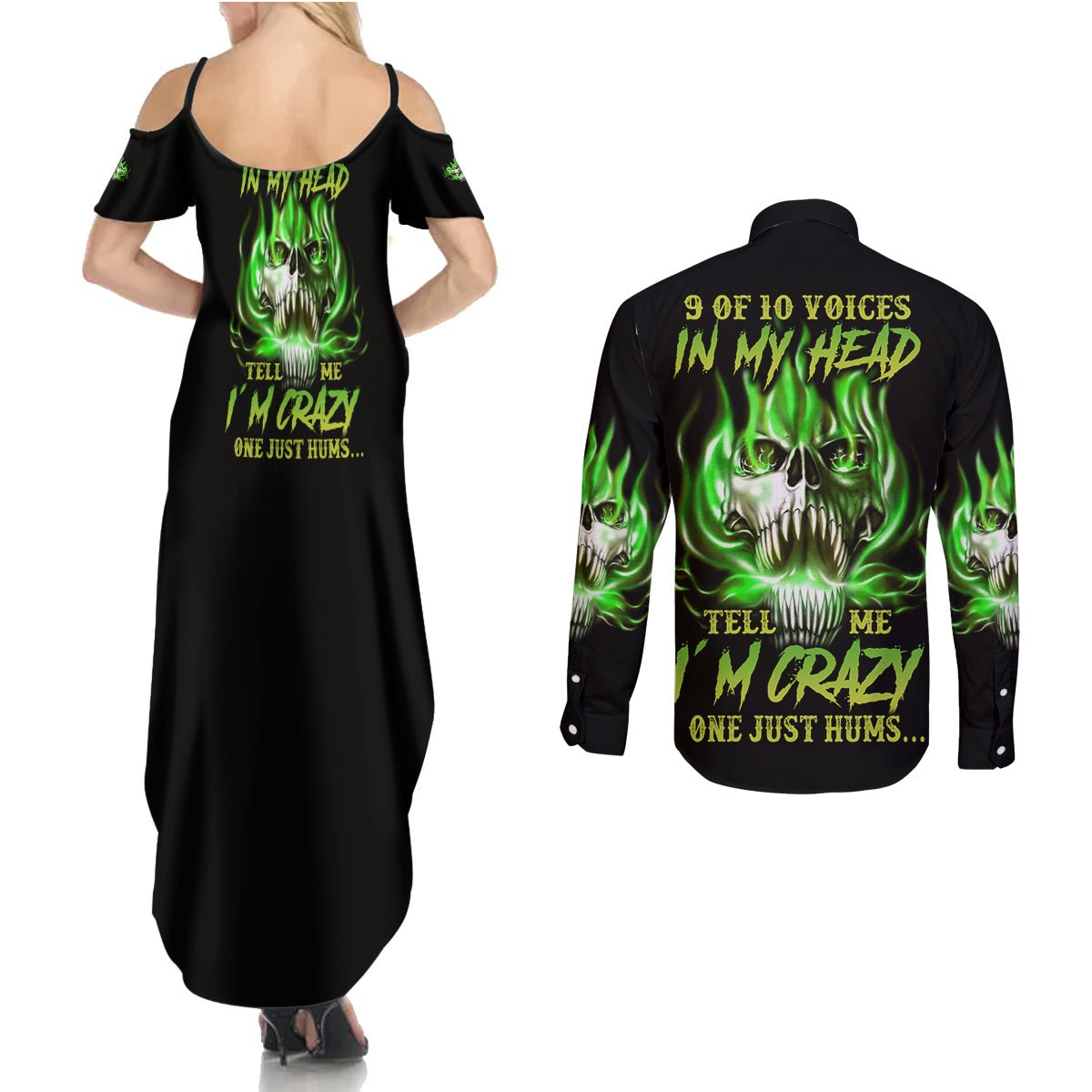 9 Of 10 Voices In My Head Fire Skull Couples Matching Summer Maxi Dress and Long Sleeve Button Shirt TS04 - The Mazicc - S - S - Multicolor