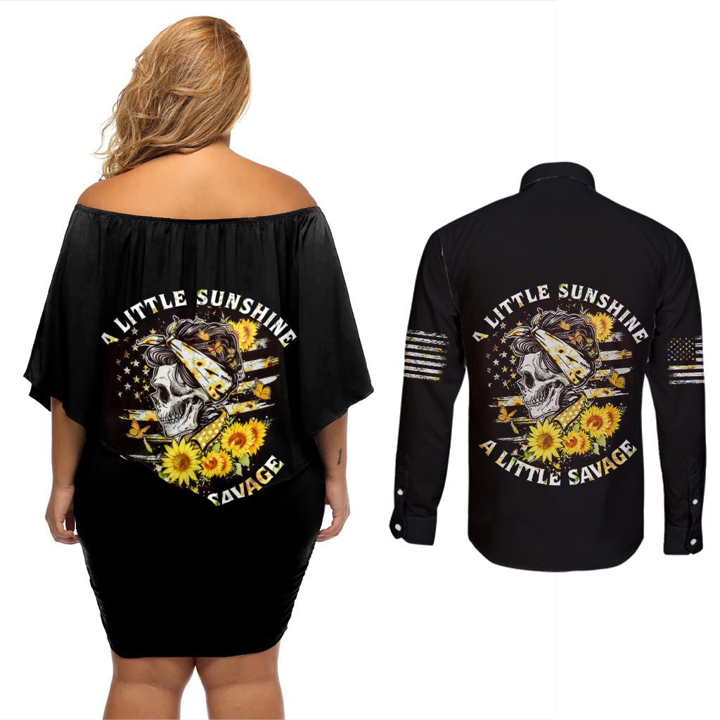 A Little Sunshine A Little Savage Skull Couples Matching Off Shoulder Short Dress and Long Sleeve Button Shirt TS04 - The Mazicc - S - S - Multicolor