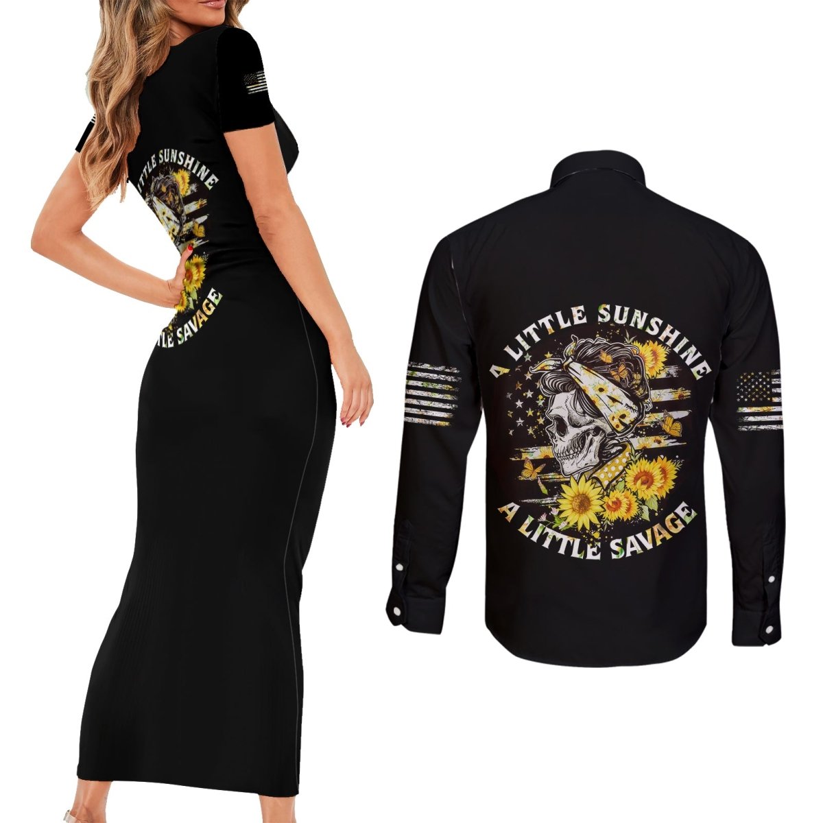 A Little Sunshine A Little Savage Skull Couples Matching Short Sleeve Bodycon Dress and Long Sleeve Button Shirt TS04 - The Mazicc - S - S - Multicolor