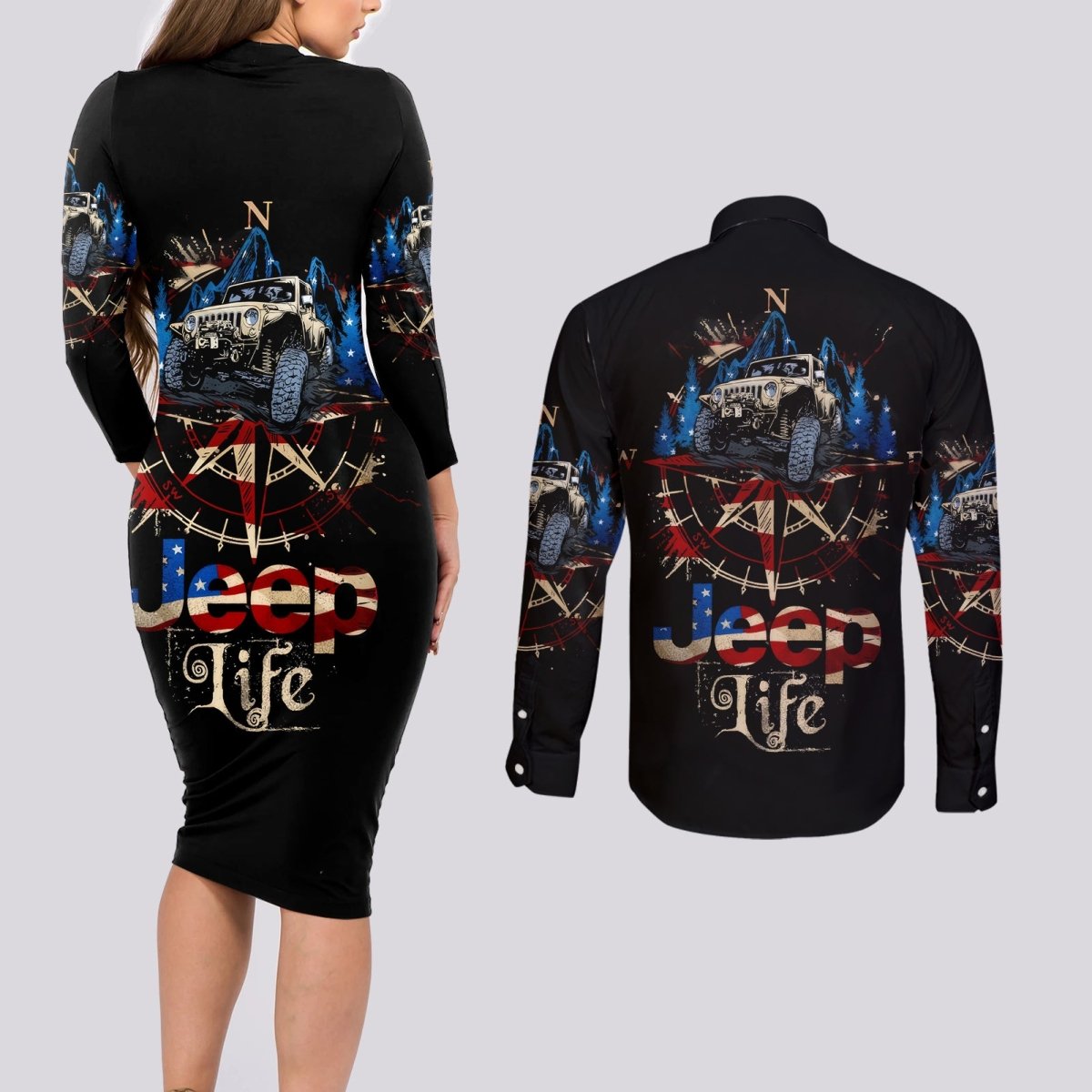 Adventure Jeep Couples Matching Long Sleeve Bodycon Dress and Long Sleeve Button Shirt Compass Jeep Life DT01 - The Mazicc - S - S - Black