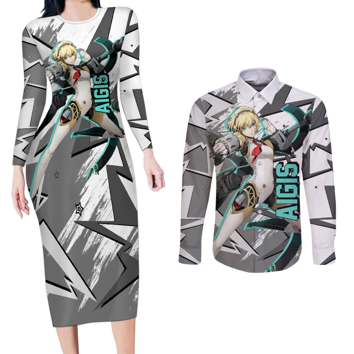 Aigis Persona Couples Matching Long Sleeve Bodycon Dress and Long Sleeve Button Shirt Anime Mix Polygon Cyber Style TS04 - The Mazicc - S - S - Multicolor