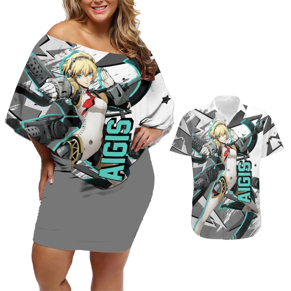 Aigis Persona Couples Matching Off Shoulder Short Dress and Hawaiian Shirt Anime Mix Polygon Cyber Style TS04 - The Mazicc - S - S - Multicolor