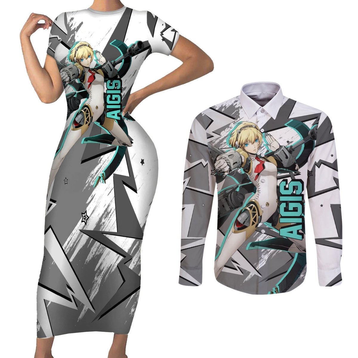 Aigis Persona Couples Matching Short Sleeve Bodycon Dress and Long Sleeve Button Shirt Anime Mix Polygon Cyber Style TS04 - The Mazicc - S - S - Multicolor