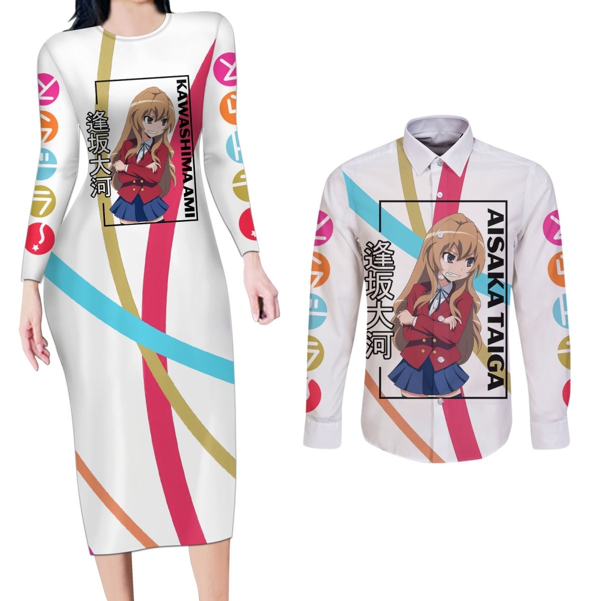 Aisaka Taiga Couples Matching Long Sleeve Bodycon Dress and Long Sleeve Button Shirt Toradora Anime Style TS04 - The Mazicc - S - S - White