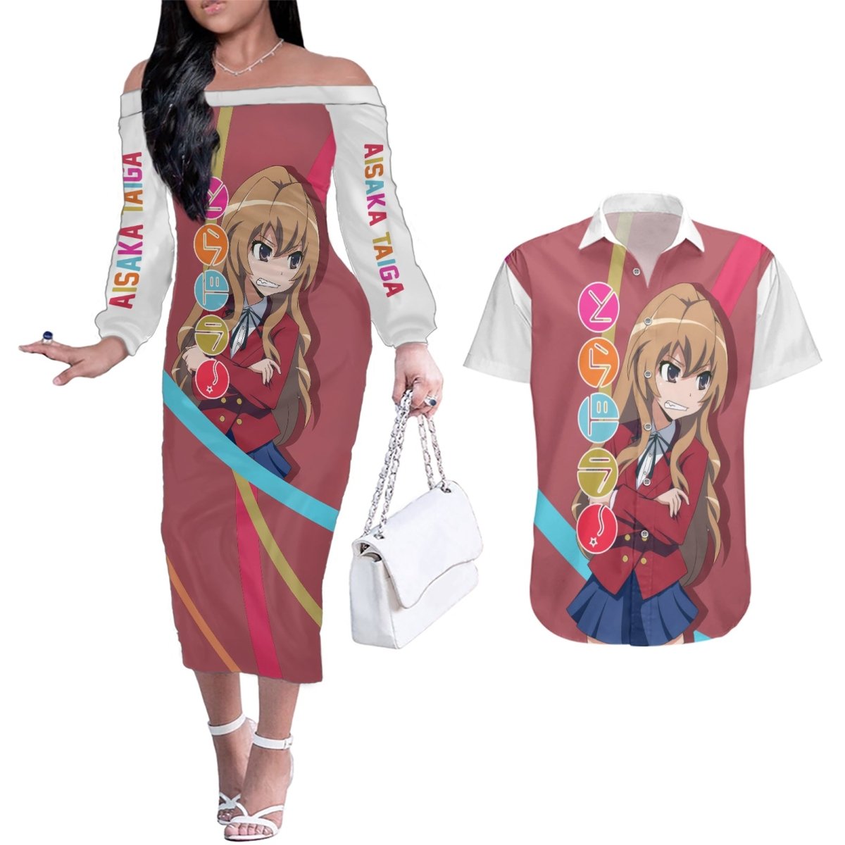 Aisaka Taiga Couples Matching Off The Shoulder Long Sleeve Dress and Hawaiian Shirt Toradora TS04 - The Mazicc - S - S - Red/White