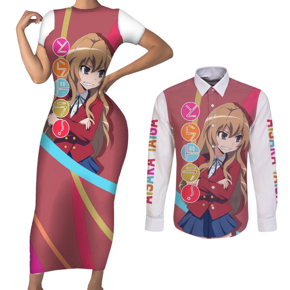 Aisaka Taiga Couples Matching Short Sleeve Bodycon Dress and Long Sleeve Button Shirt Toradora TS04 - The Mazicc - S - S - Red/White