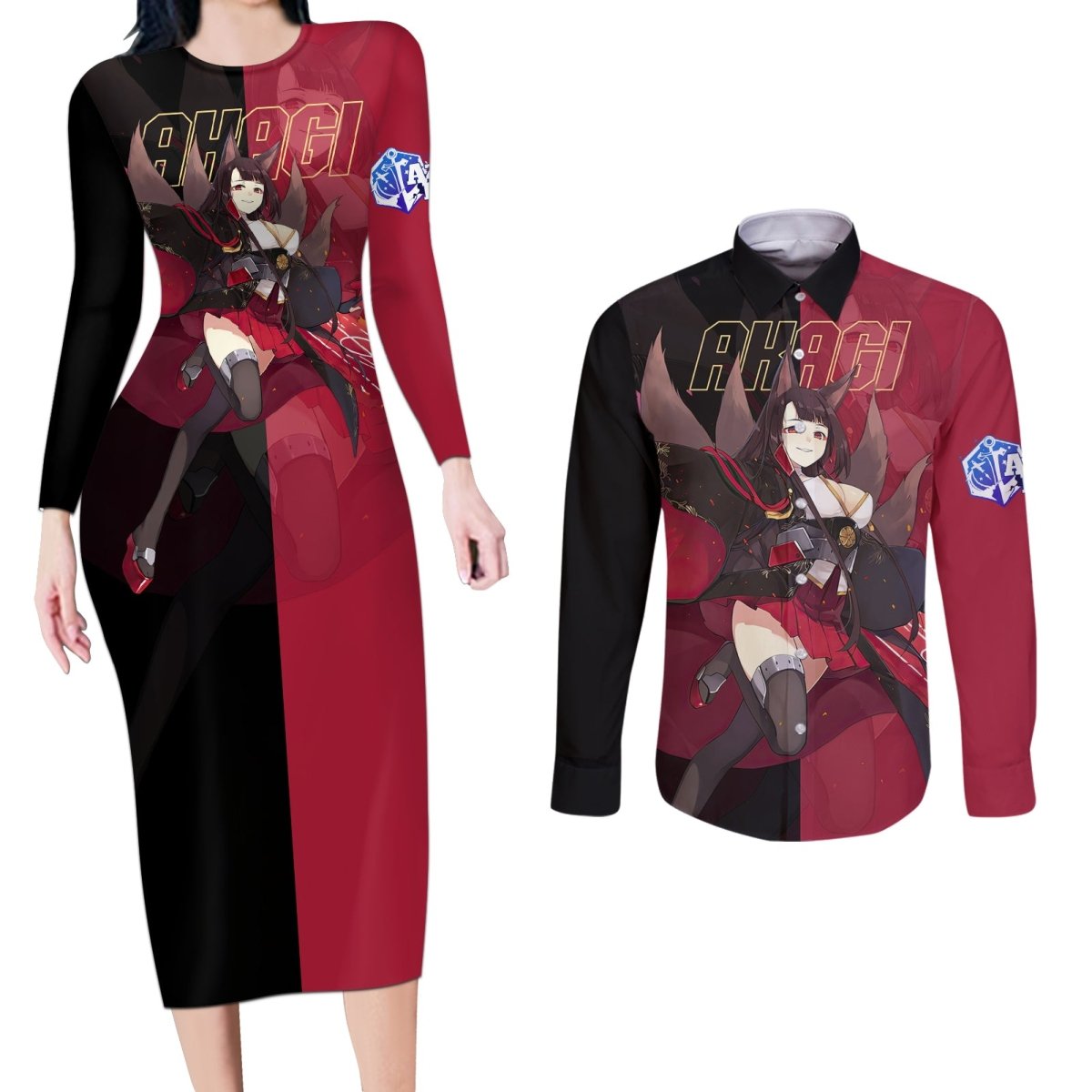 Akagi - Azur Lane Couples Matching Long Sleeve Bodycon Dress and Long Sleeve Button Shirt Anime Game Style TS04 - The Mazicc - S - S - Black/Red