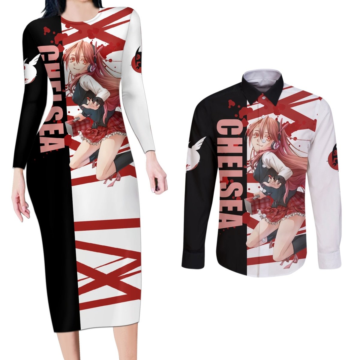 Akame Chelsea Anime Couples Matching Long Sleeve Bodycon Dress and Long Sleeve Button Shirt Akame ga Kill TS04 - The Mazicc - S - S - Black/White