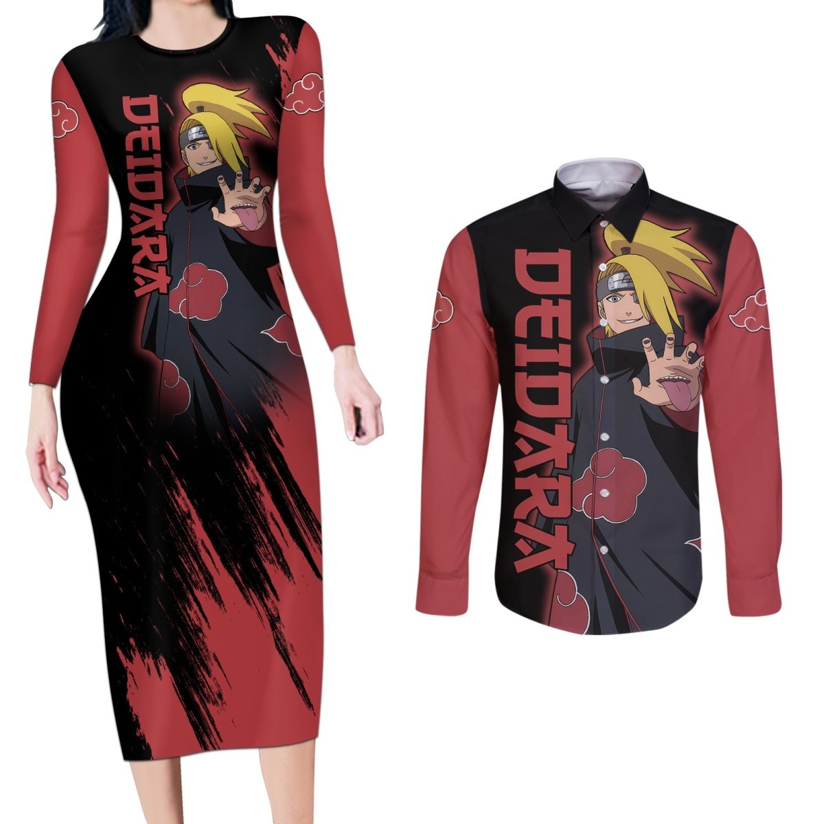 Akatsuki Deidara Couples Matching Long Sleeve Bodycon Dress and Long Sleeve Button Shirt Naruto TS04 - The Mazicc - S - S - Black/Red