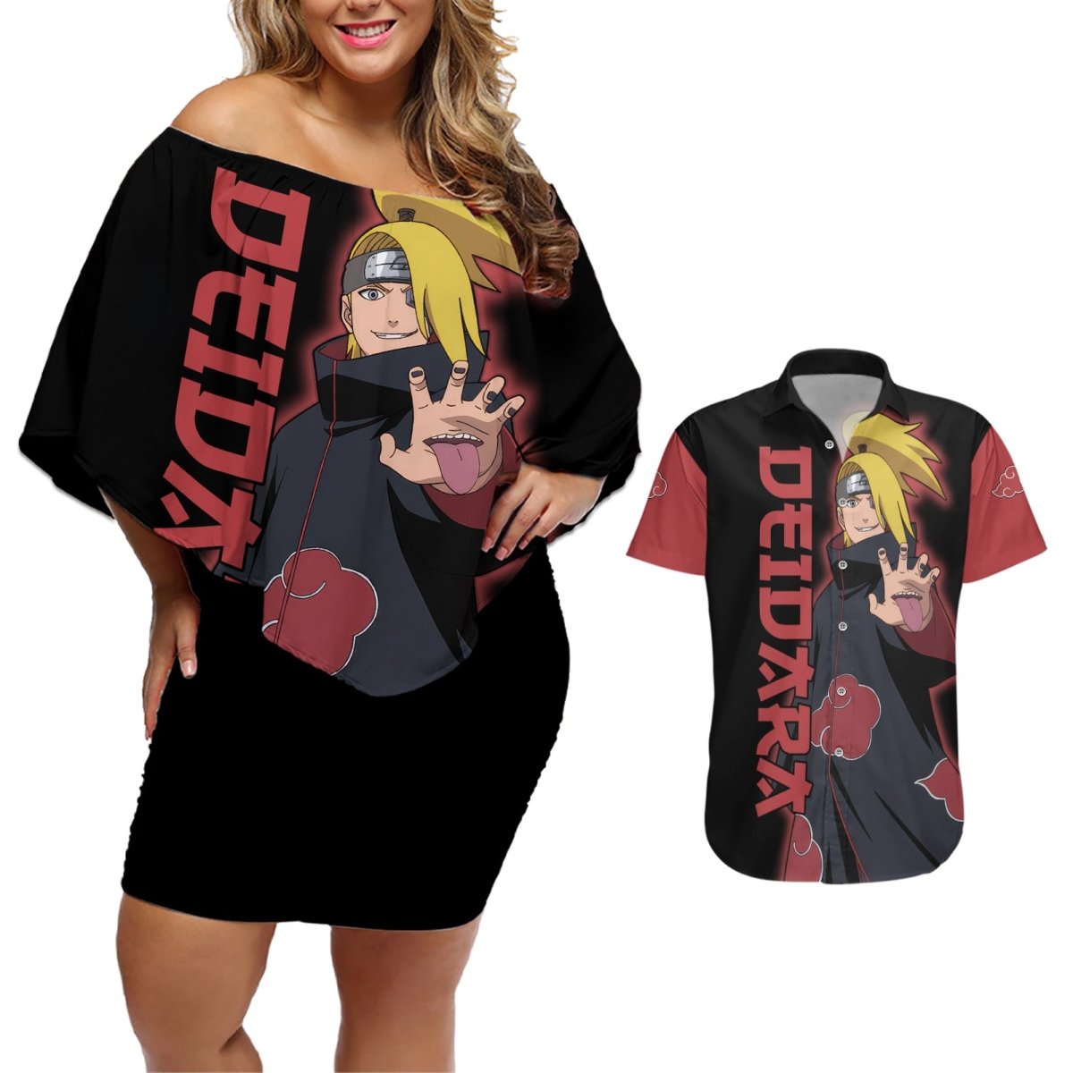 Akatsuki Deidara Couples Matching Off Shoulder Short Dress and Hawaiian Shirt Naruto TS04 - The Mazicc - S - S - Black/Red