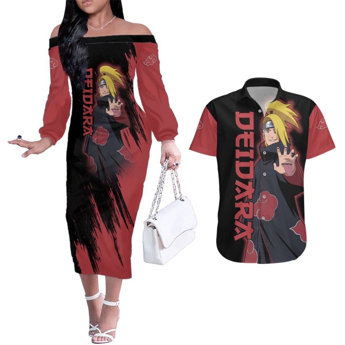 Akatsuki Deidara Couples Matching Off The Shoulder Long Sleeve Dress and Hawaiian Shirt Naruto TS04 - The Mazicc - S - S - Black/Red