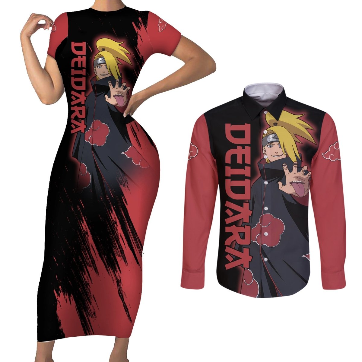 Akatsuki Deidara Couples Matching Short Sleeve Bodycon Dress and Long Sleeve Button Shirt Naruto TS04 - The Mazicc - S - S - Black/Red