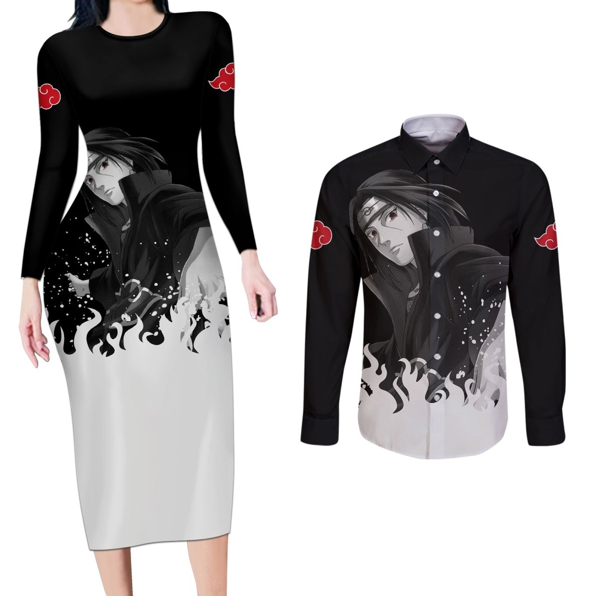 Akatsuki Itachi Uchiha Akatsuki Itachi Uchiha Couples Matching Long Sleeve Bodycon Dress and Long Sleeve Button Shirt TS04 - The Mazicc - S - S - Black