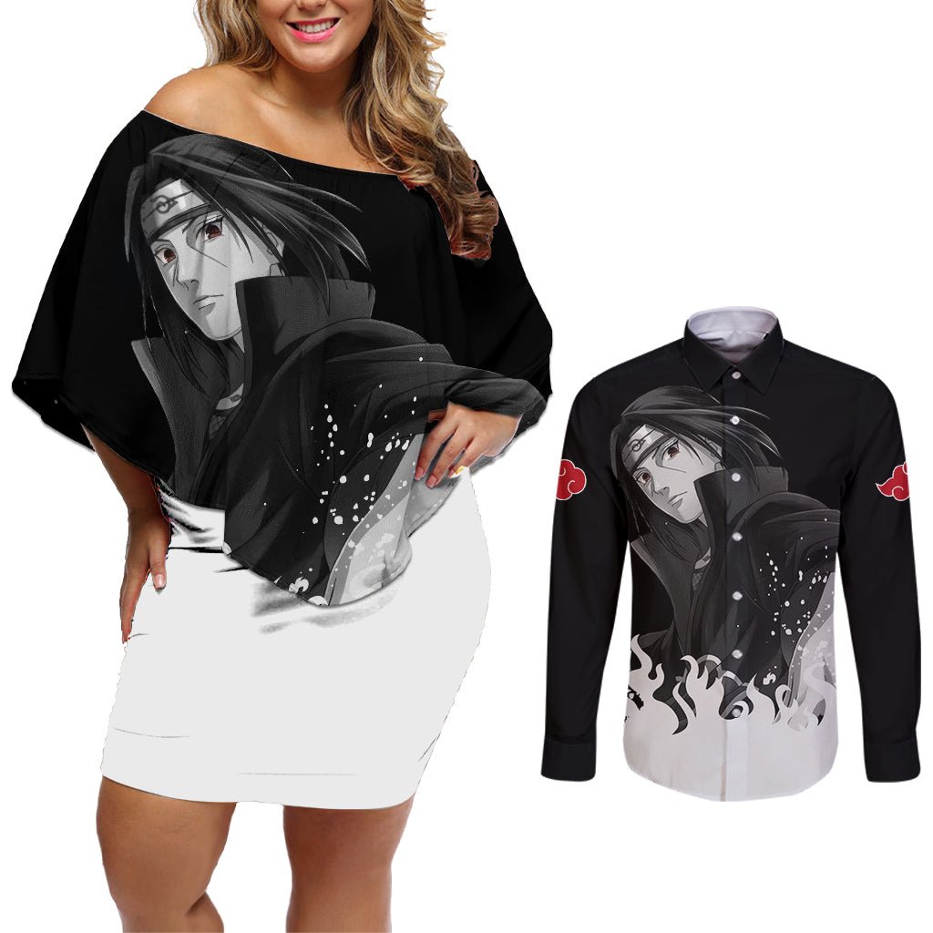 Akatsuki Itachi Uchiha Akatsuki Itachi Uchiha Couples Matching Off Shoulder Short Dress and Long Sleeve Button Shirt TS04 - The Mazicc - S - S - Black