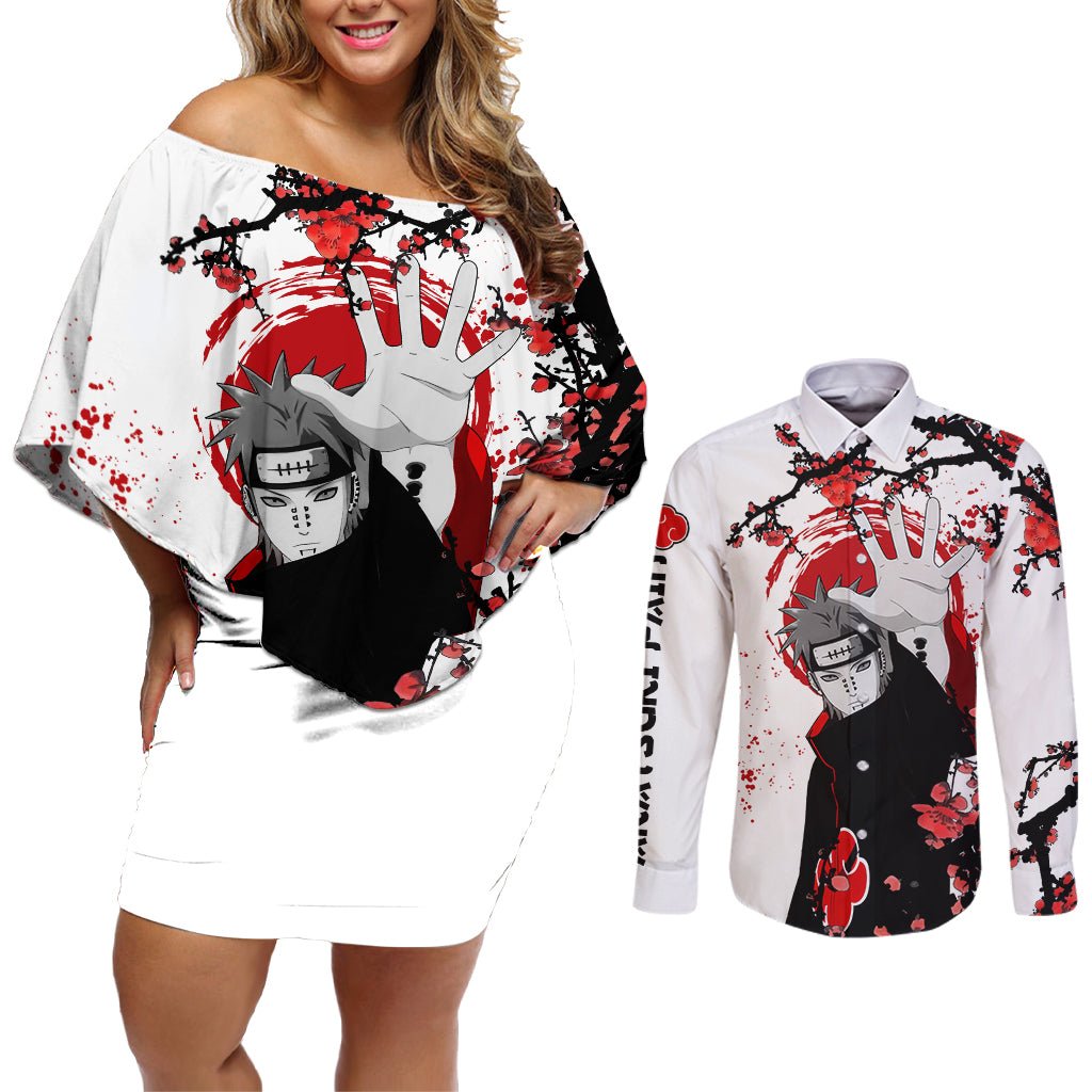 Akatsuki Pain - Anime Japan Styles Couples Matching Off Shoulder Short Dress and Long Sleeve Button Shirt TS04 - The Mazicc - S - S - White