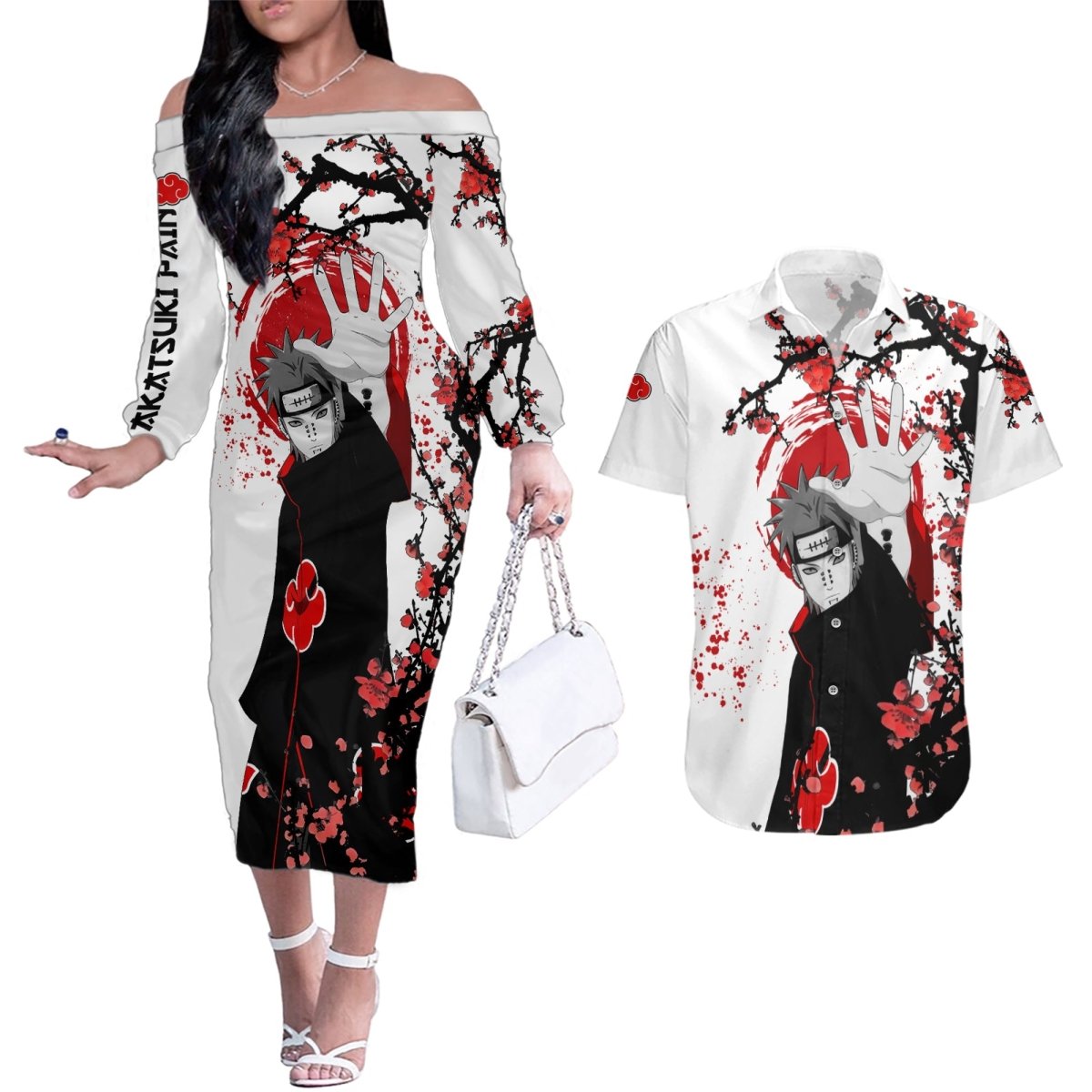 Akatsuki Pain - Anime Japan Styles Couples Matching Off The Shoulder Long Sleeve Dress and Hawaiian Shirt TS04 - The Mazicc - S - S - White