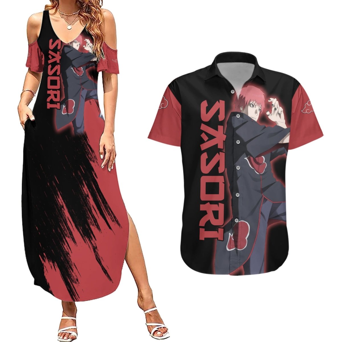 Akatsuki Sasori Couples Matching Summer Maxi Dress and Hawaiian Shirt Naruto TS04 - The Mazicc - S - S - Black/Red