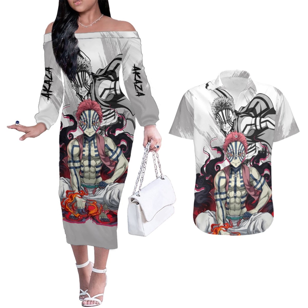 Akaza Couples Matching Off The Shoulder Long Sleeve Dress and Hawaiian Shirt Demon Slayer TS04 - The Mazicc - S - S - White