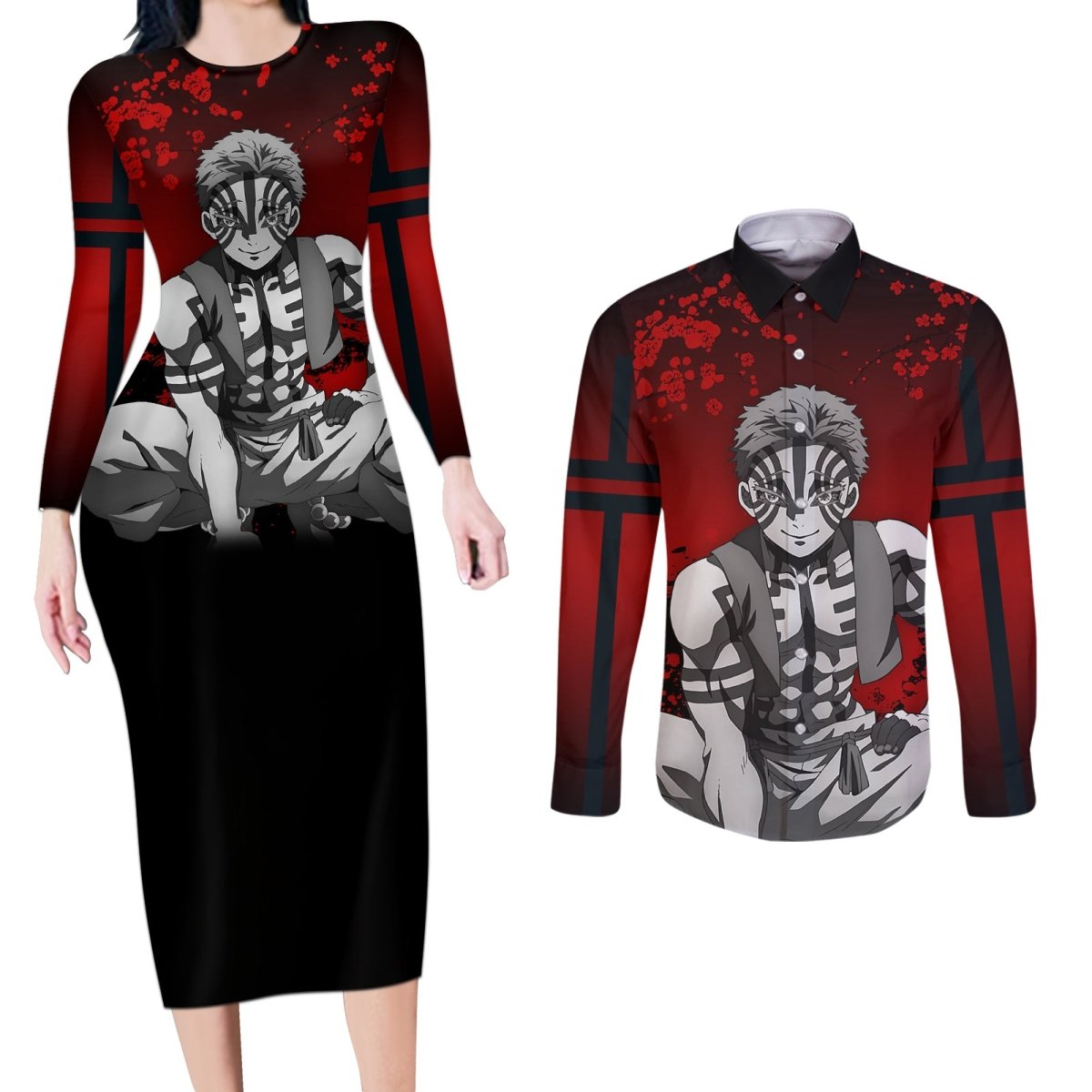 Akaza Demon Slayer Couples Matching Long Sleeve Bodycon Dress and Long Sleeve Button Shirt Japan Art TS04 - The Mazicc - S - S - Red