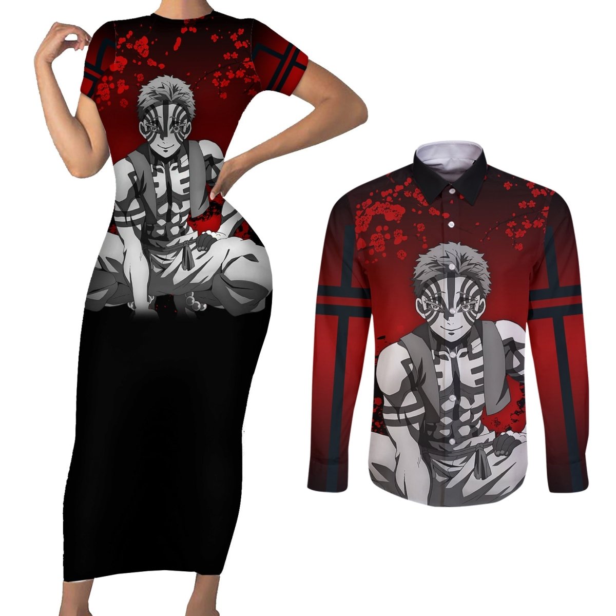 Akaza Demon Slayer Couples Matching Short Sleeve Bodycon Dress and Long Sleeve Button Shirt Japan Art TS04 - The Mazicc - S - S - Red