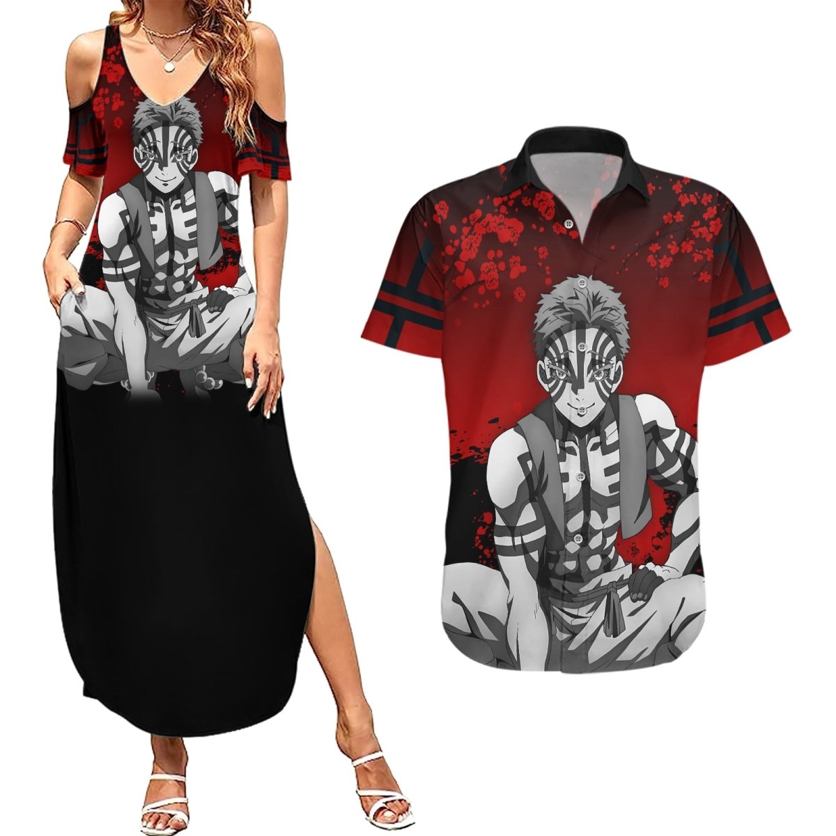 Akaza Demon Slayer Couples Matching Summer Maxi Dress and Hawaiian Shirt Japan Art TS04 - The Mazicc - S - S - Red