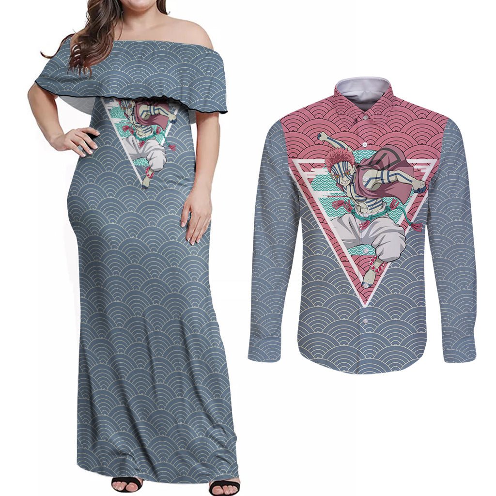 Akaza - Demons Layer Couples Matching Off Shoulder Maxi Dress and Long Sleeve Button Shirt Anime Mix Japan Pattern Style TS04 - The Mazicc - S - S - Gray/Red