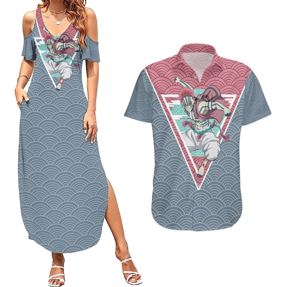 Akaza - Demons Layer Couples Matching Summer Maxi Dress and Hawaiian Shirt Anime Mix Japan Pattern Style TS04 - The Mazicc - S - S - Gray/Red