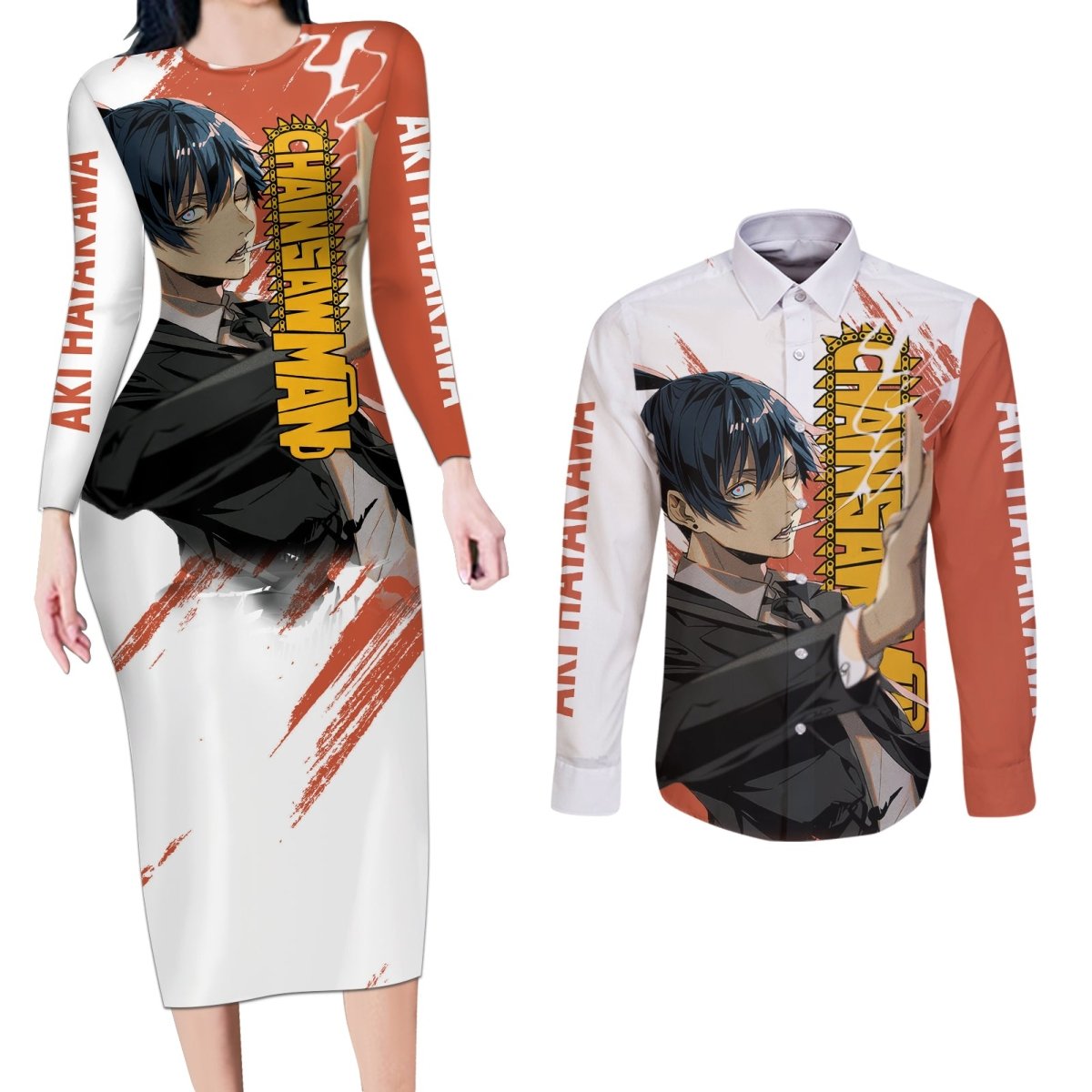 Aki Hayakawa Couples Matching Long Sleeve Bodycon Dress and Long Sleeve Button Shirt Chainsaw Man TS04 - The Mazicc - S - S - Multicolor