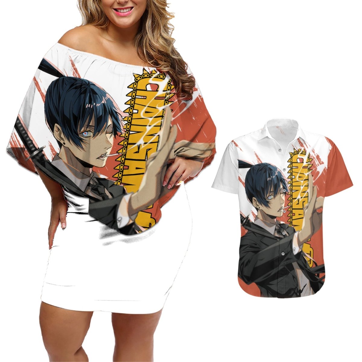 Aki Hayakawa Couples Matching Off Shoulder Short Dress and Hawaiian Shirt Chainsaw Man TS04 - The Mazicc - S - S - Multicolor