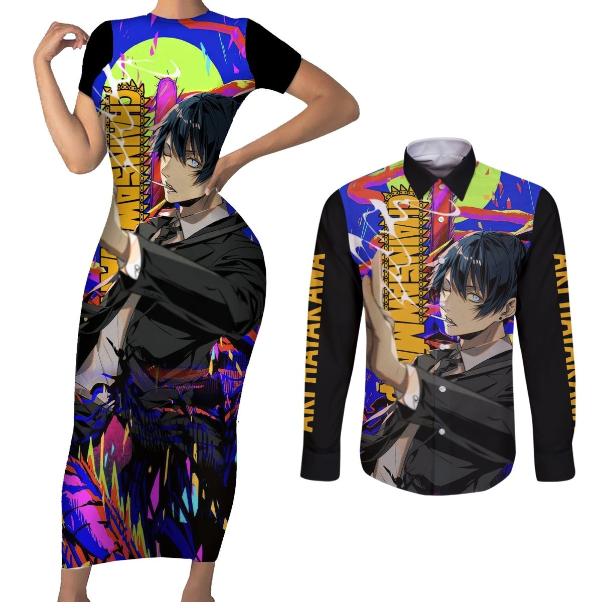 Aki Hayakawa Couples Matching Short Sleeve Bodycon Dress and Long Sleeve Button Shirt Chainsaw Man TS04 - The Mazicc - S - S - Black