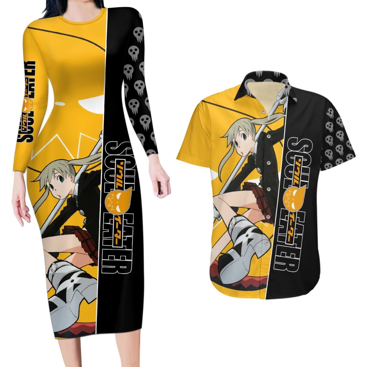 Albarn Maka Soul Eater Couples Matching Long Sleeve Bodycon Dress and Hawaiian Shirt Anime Art Mix With Skull Pattern Style TS04 - The Mazicc - S - S - Black/Yellow