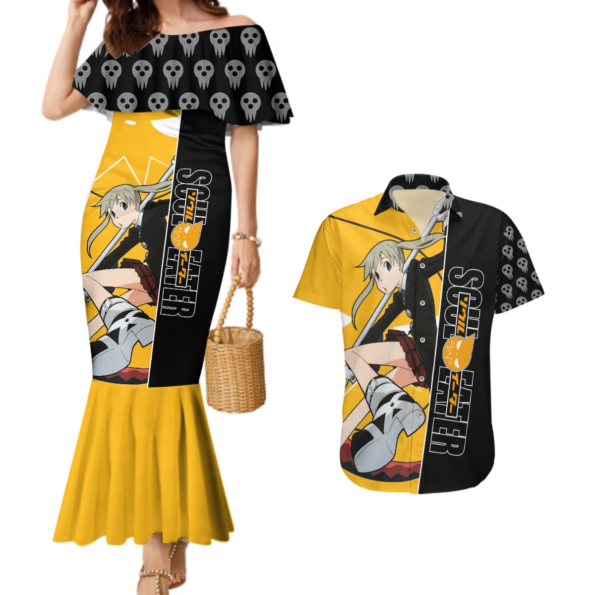 Albarn Maka Soul Eater Couples Matching Mermaid Dress and Hawaiian Shirt Anime Art Mix With Skull Pattern Style TS04 - The Mazicc - S - S - Black/Yellow