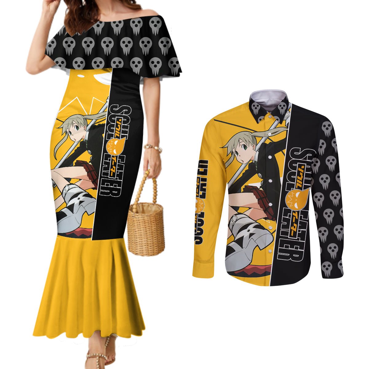 Albarn Maka Soul Eater Couples Matching Mermaid Dress and Long Sleeve Button Shirt Anime Art Mix With Skull Pattern Style TS04 - The Mazicc - S - S - Black/Yellow