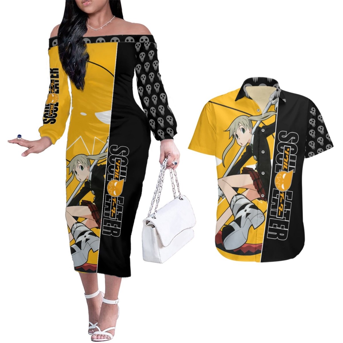 Albarn Maka Soul Eater Couples Matching Off The Shoulder Long Sleeve Dress and Hawaiian Shirt Anime Art Mix With Skull Pattern Style TS04 - The Mazicc - S - S - Black/Yellow