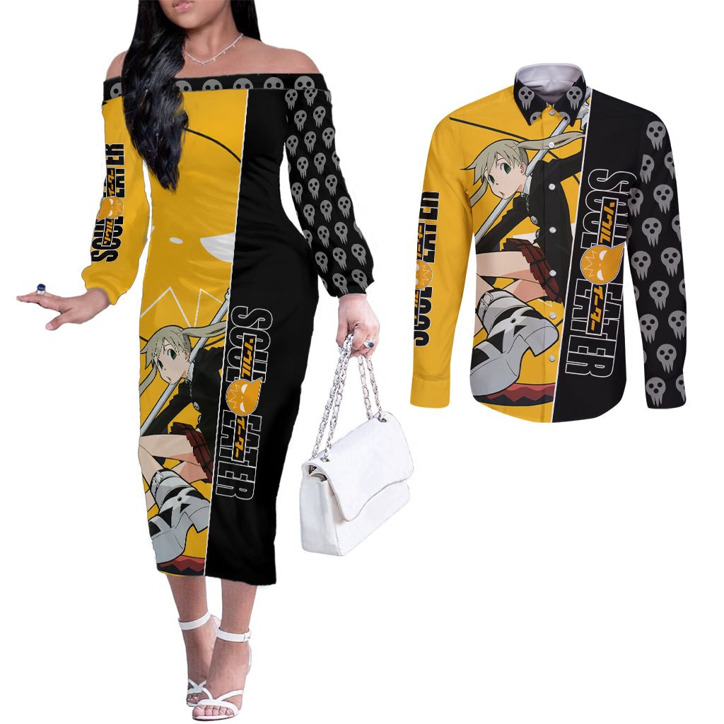 Albarn Maka Soul Eater Couples Matching Off The Shoulder Long Sleeve Dress and Long Sleeve Button Shirt Anime Art Mix With Skull Pattern Style TS04 - The Mazicc - S - S - Black/Yellow