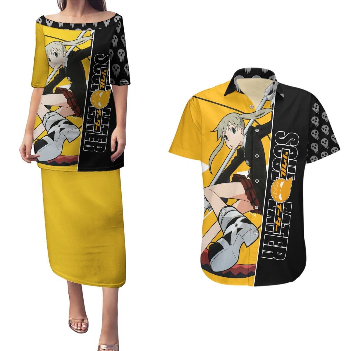 Albarn Maka Soul Eater Couples Matching Puletasi and Hawaiian Shirt Anime Art Mix With Skull Pattern Style TS04 - The Mazicc - S - S - Black/Yellow