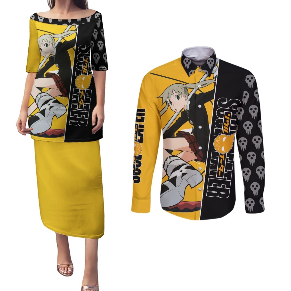 Albarn Maka Soul Eater Couples Matching Puletasi and Long Sleeve Button Shirt Anime Art Mix With Skull Pattern Style TS04 - The Mazicc - S - S - Black/Yellow