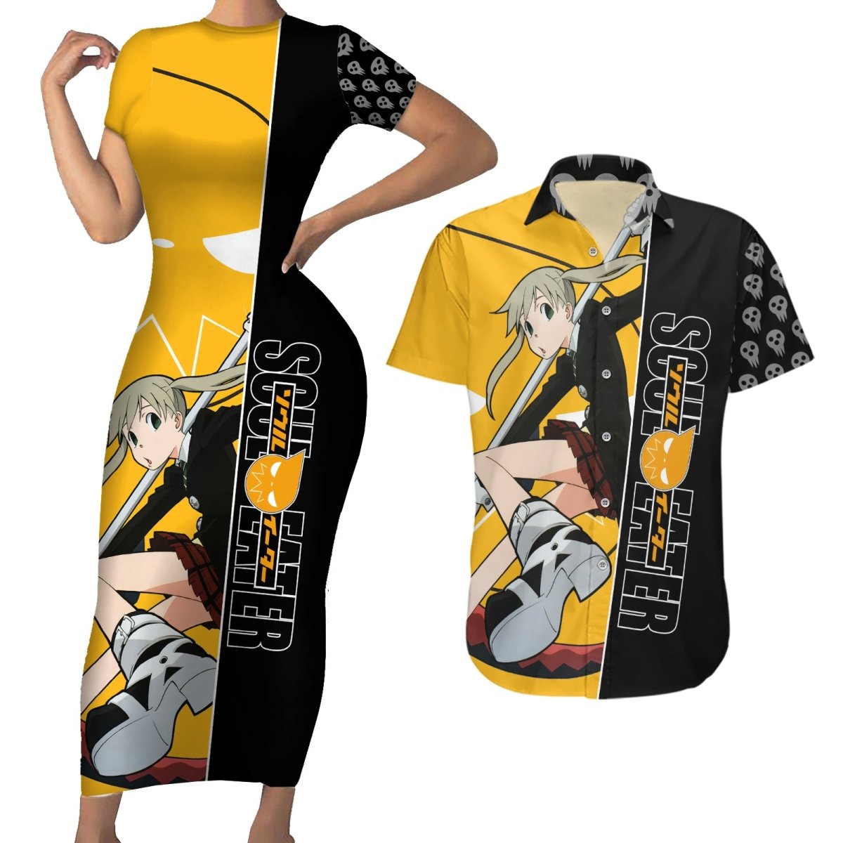 Albarn Maka Soul Eater Couples Matching Short Sleeve Bodycon Dress and Hawaiian Shirt Anime Art Mix With Skull Pattern Style TS04 - The Mazicc - S - S - Black/Yellow