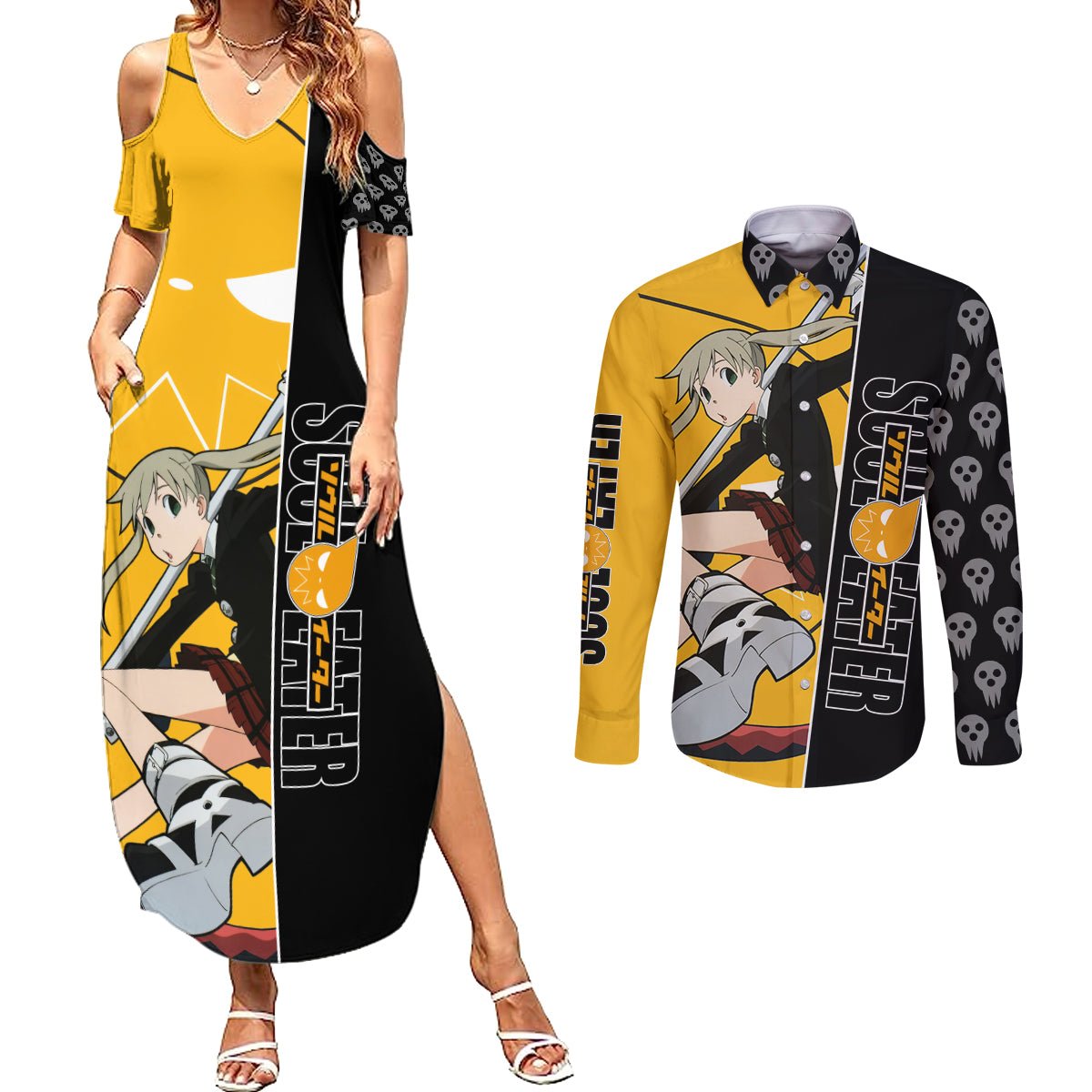 Albarn Maka Soul Eater Couples Matching Summer Maxi Dress and Long Sleeve Button Shirt Anime Art Mix With Skull Pattern Style TS04 - The Mazicc - S - S - Black/Yellow