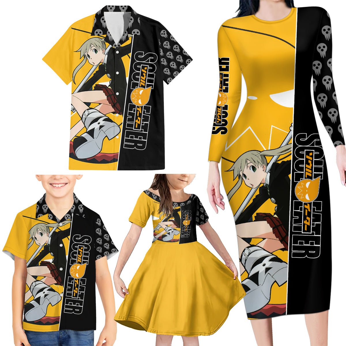 Albarn Maka Soul Eater Family Matching Long Sleeve Bodycon Dress and Hawaiian Shirt Anime Art Mix With Skull Pattern Style TS04 - The Mazicc - Dad's Shirt - Short Sleeve - S - Black/Yellow