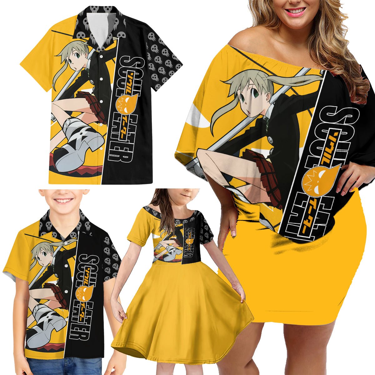 Albarn Maka Soul Eater Family Matching Off Shoulder Short Dress and Hawaiian Shirt Anime Art Mix With Skull Pattern Style TS04 - The Mazicc - Dad's Shirt - Short Sleeve - S - Black/Yellow