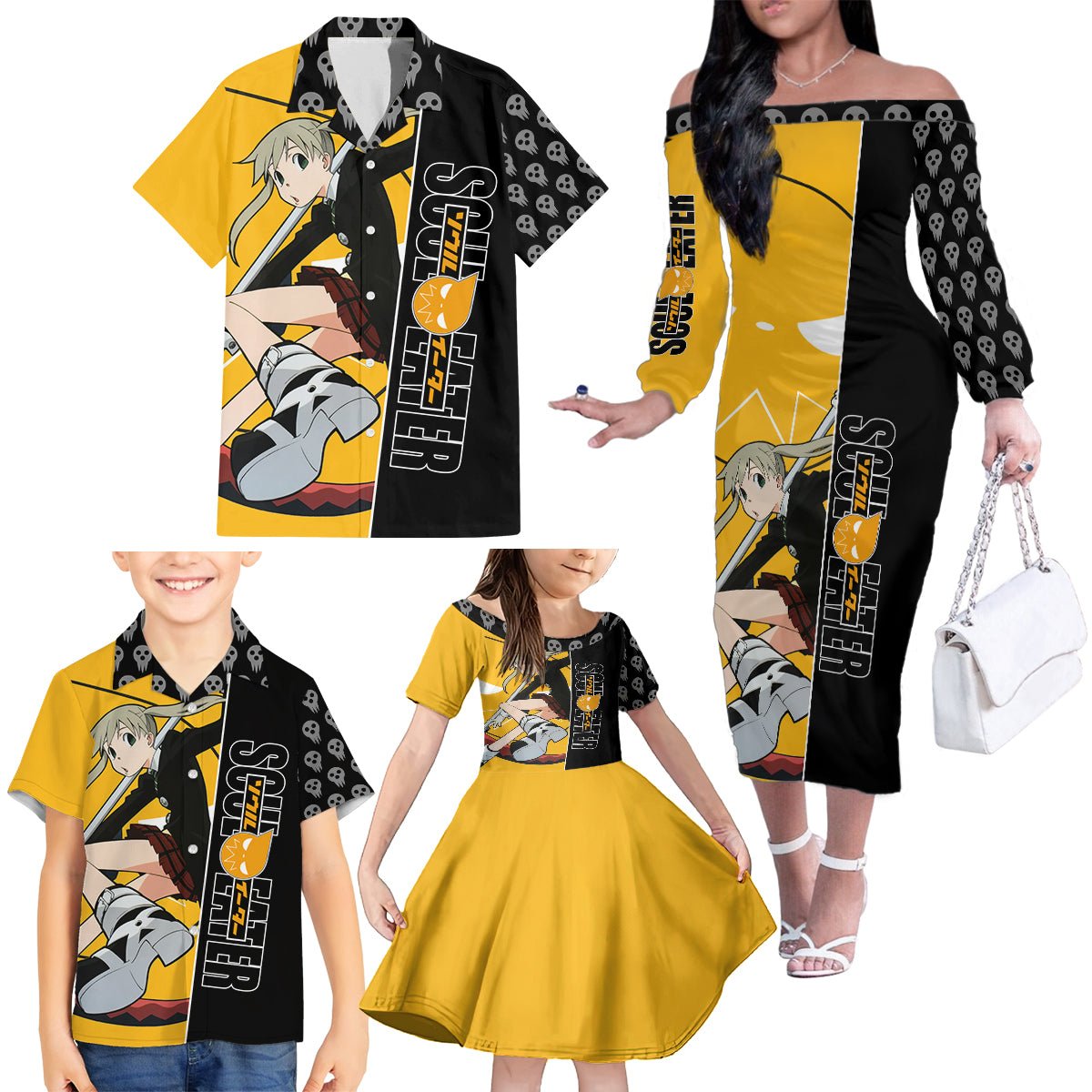 Albarn Maka Soul Eater Family Matching Off The Shoulder Long Sleeve Dress and Hawaiian Shirt Anime Art Mix With Skull Pattern Style TS04 - The Mazicc - Dad's Shirt - Short Sleeve - S - Black/Yellow