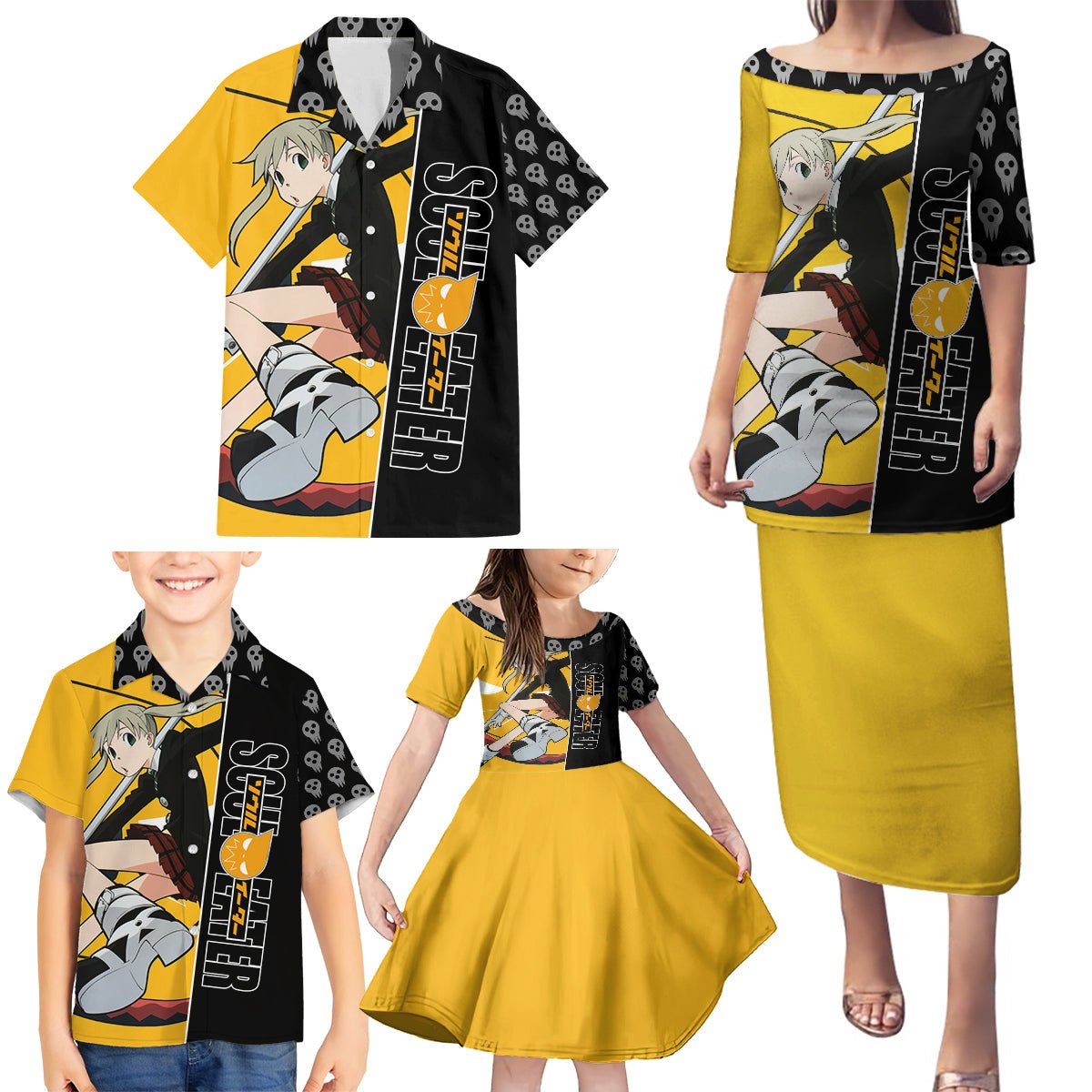 Albarn Maka Soul Eater Family Matching Puletasi and Hawaiian Shirt Anime Art Mix With Skull Pattern Style TS04 - The Mazicc - Dad's Shirt - Short Sleeve - S - Black/Yellow