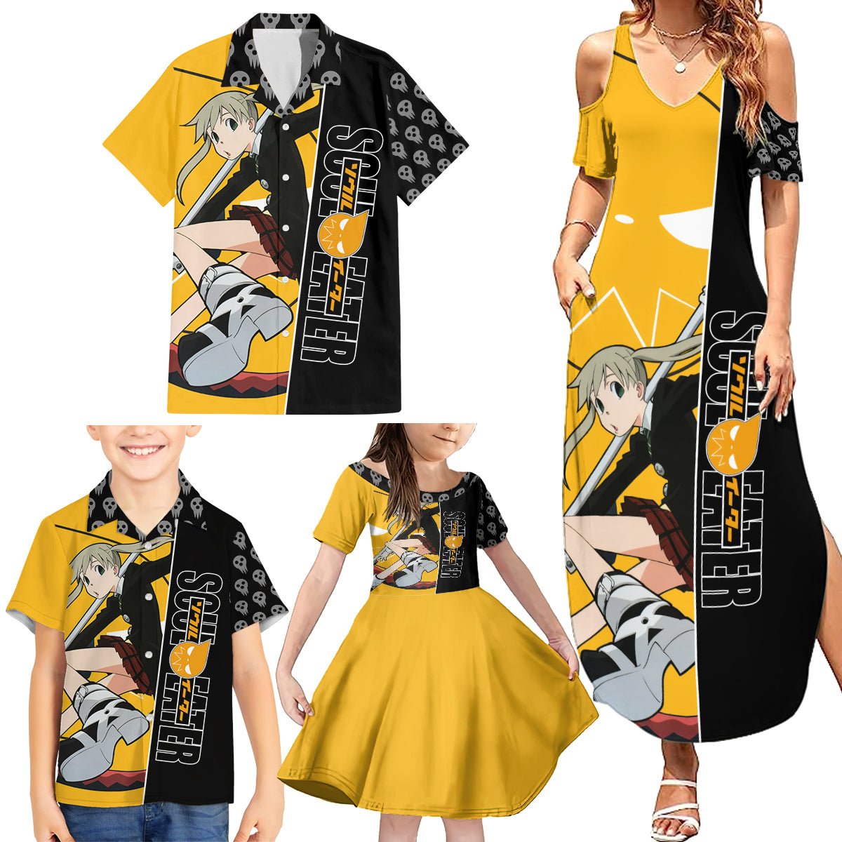 Albarn Maka Soul Eater Family Matching Summer Maxi Dress and Hawaiian Shirt Anime Art Mix With Skull Pattern Style TS04 - The Mazicc - Dad's Shirt - Short Sleeve - S - Black/Yellow