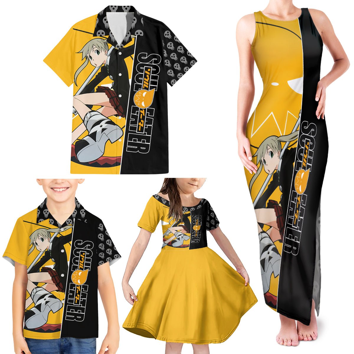 Albarn Maka Soul Eater Family Matching Tank Maxi Dress and Hawaiian Shirt Anime Art Mix With Skull Pattern Style TS04 - The Mazicc - Dad's Shirt - Short Sleeve - S - Black/Yellow