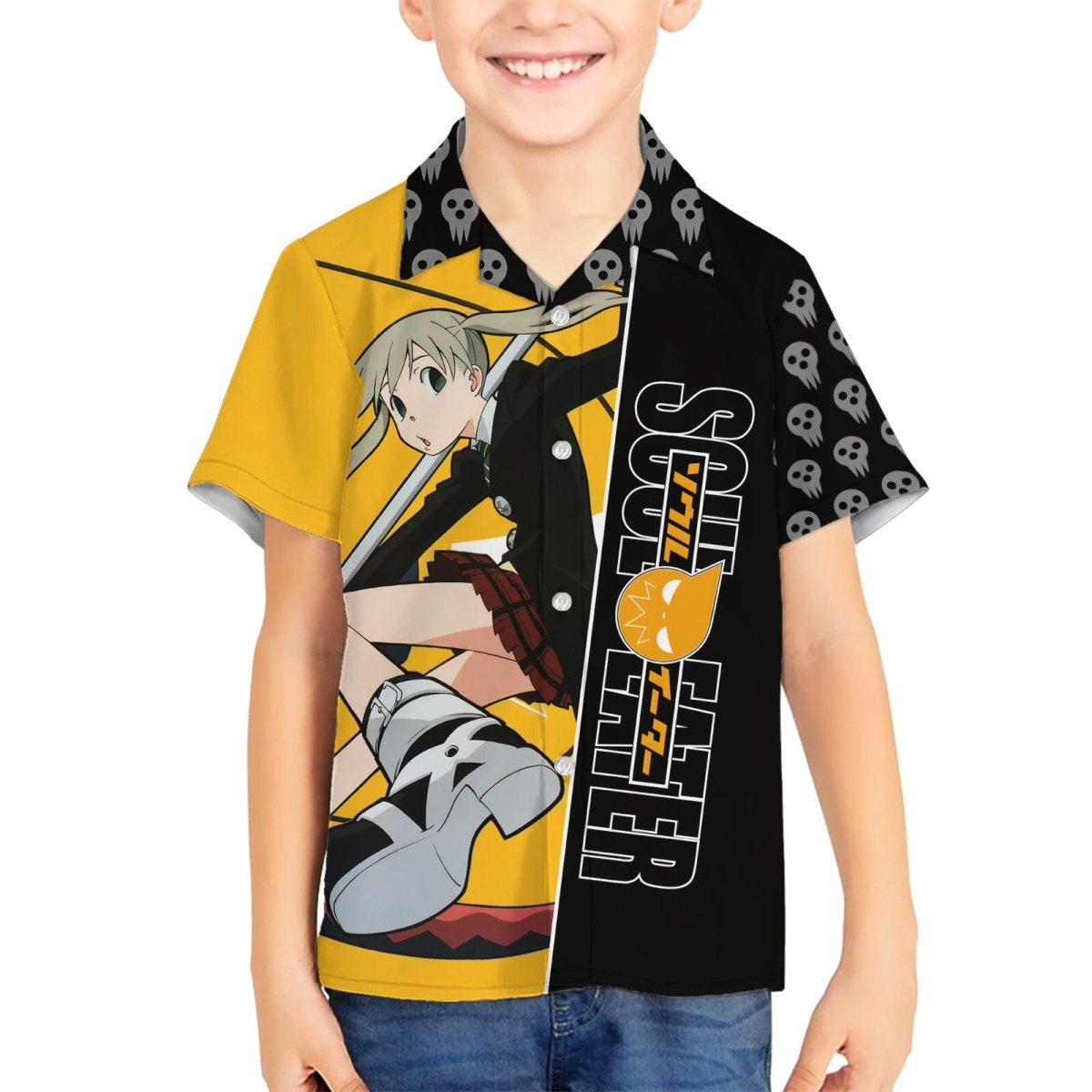 Albarn Maka Soul Eater Kid Hawaiian Shirt Anime Art Mix With Skull Pattern Style TS04 - The Mazicc - Kid - 2 - Black/Yellow