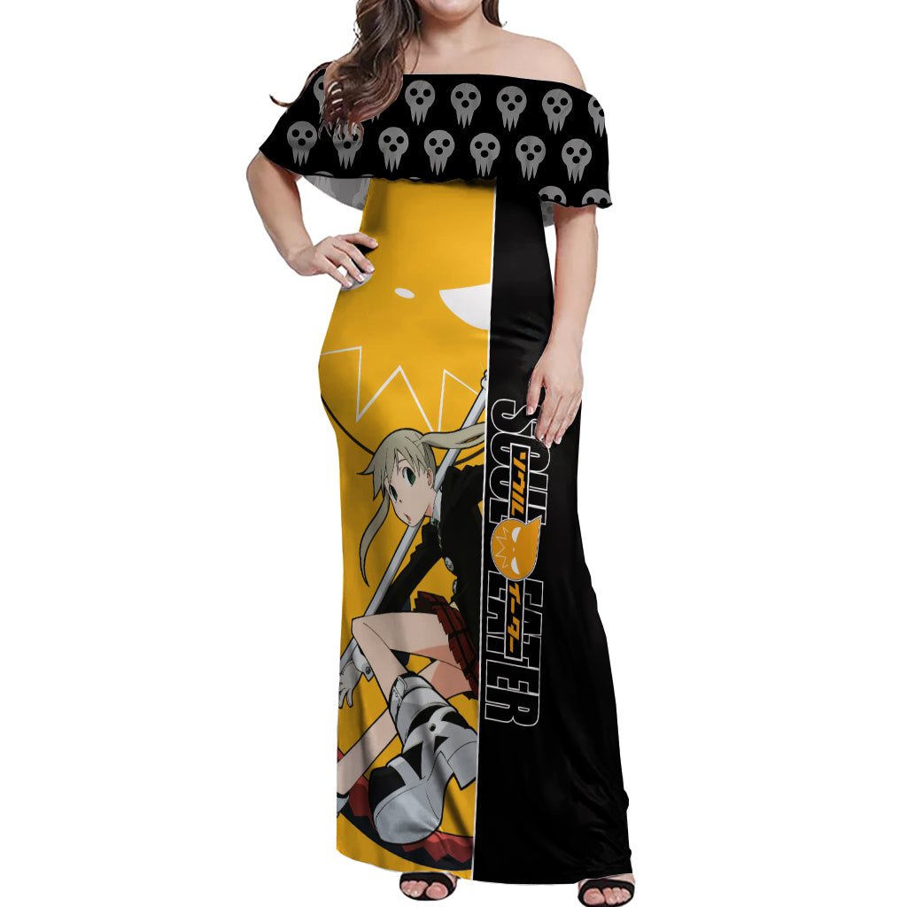 Albarn Maka Soul Eater Off Shoulder Maxi Dress Anime Art Mix With Skull Pattern Style TS04 - The Mazicc - Women - S - Black/Yellow